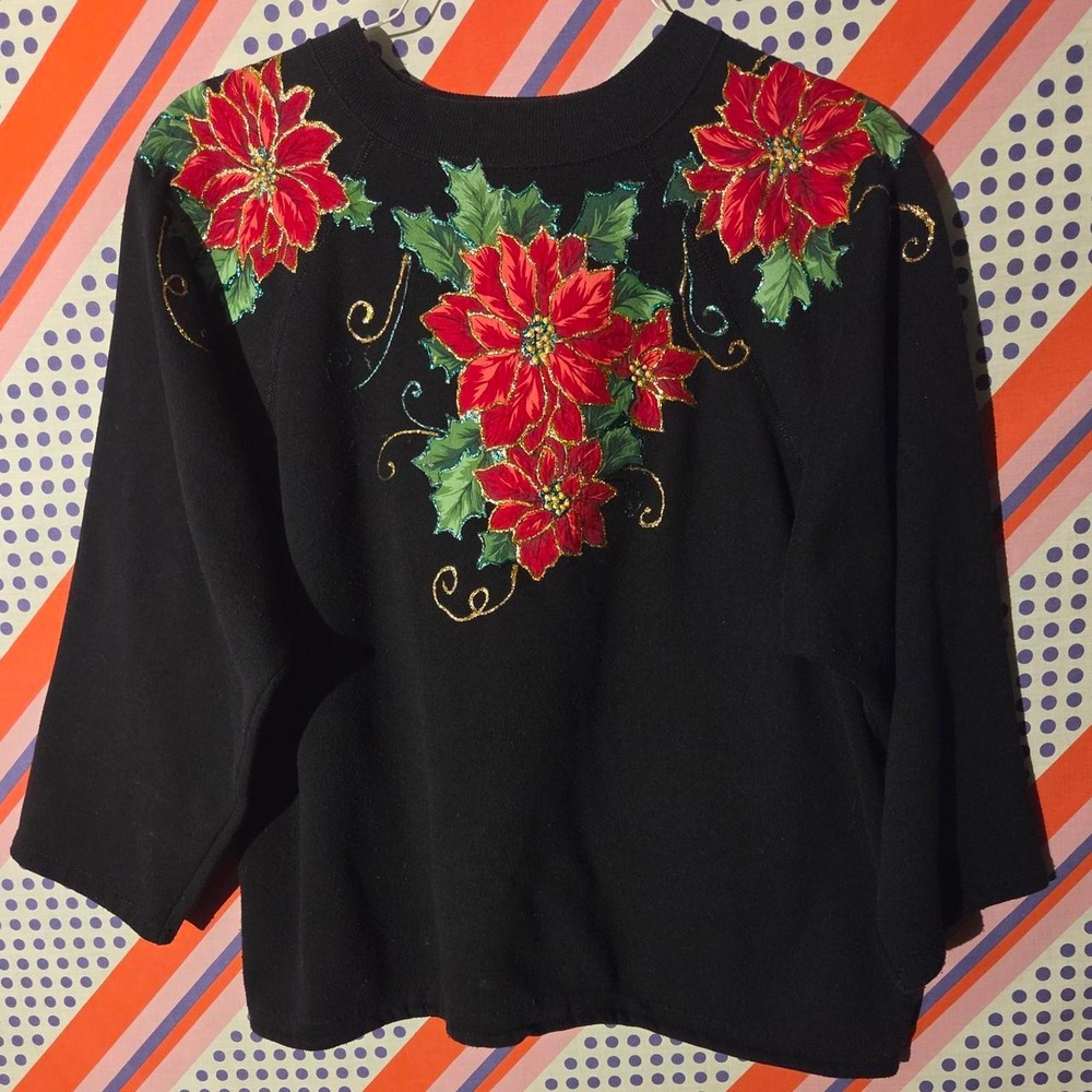 Vintage Ultra Sweats 80s Floral Poinsettia Sweatshirt Black Gold XL Womens